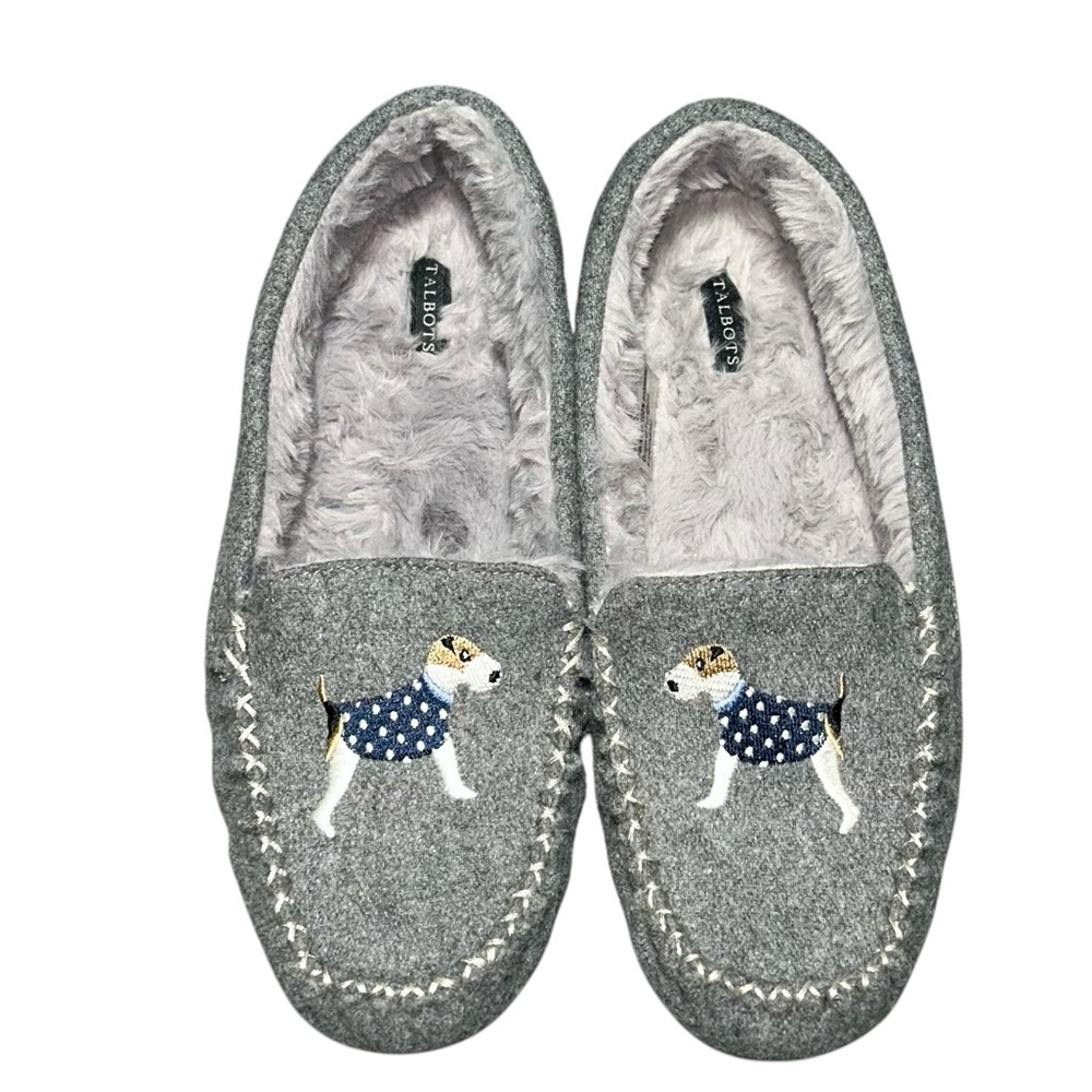 Talbots Faux Shearling Lined Ruby Slippers Gray Wool Women Moccasin Terrier Dog